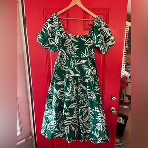 Green Leaf Print Cotton Midi Dress Size Large